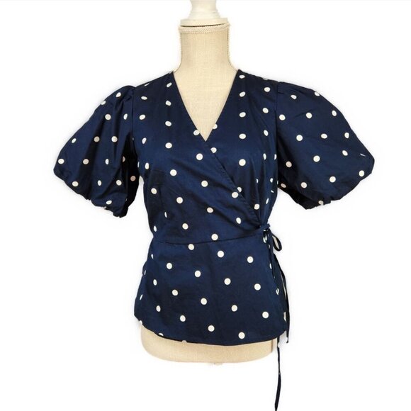 Old Navy Crossover Wrap Top Size M Navy Blue Polka Dot Puff Sleeves Shirt  NWT - Picture 1 of 7